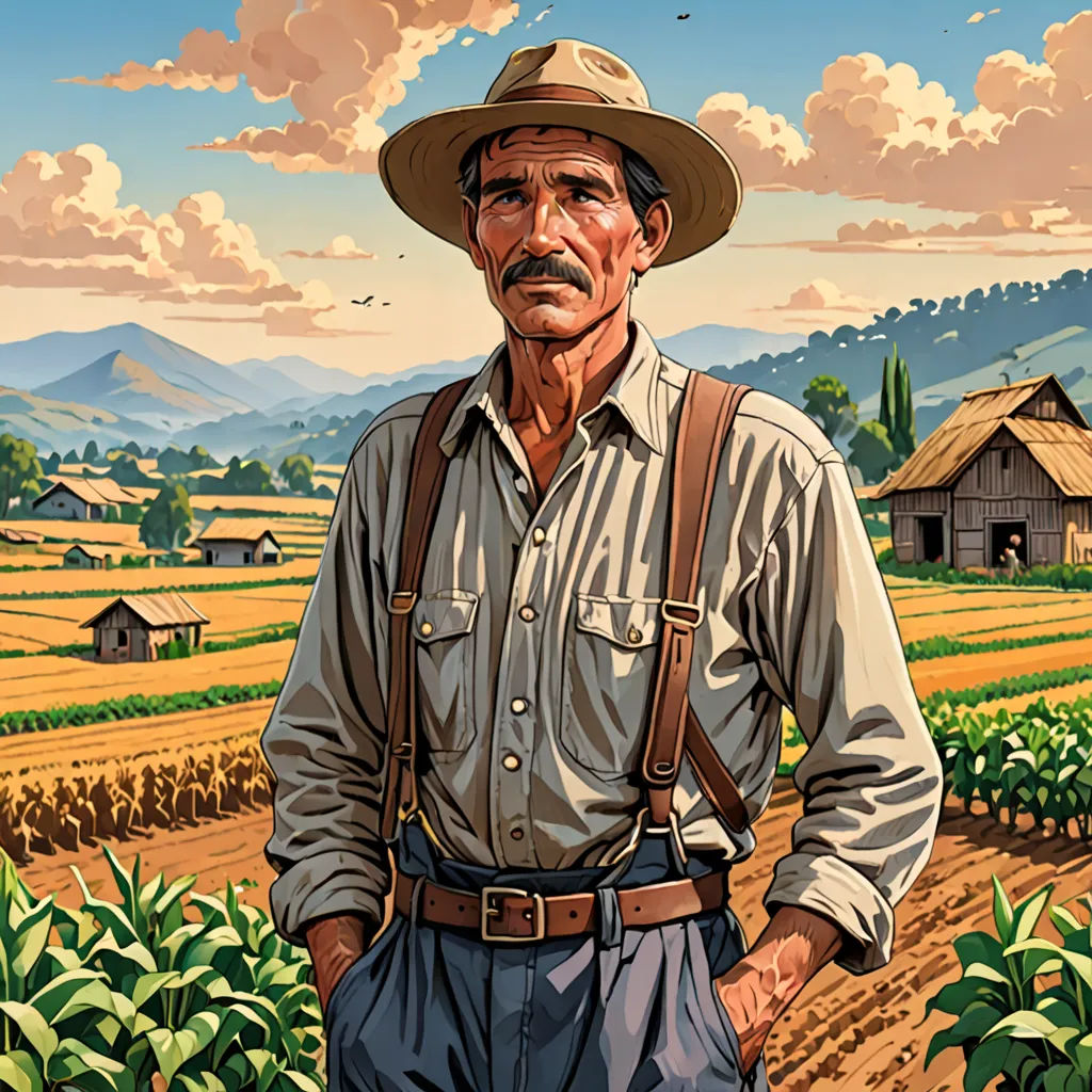a man in a hat and suspenders standing in a field with a farm in the background and a house in the distance, Aaron Jasinski, american realism, a character portrait, official art