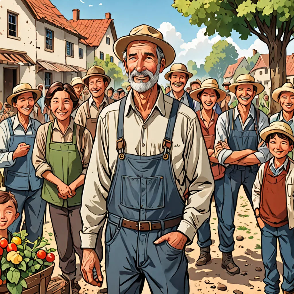 a man standing in front of a group of people in a village with a tree and a building in the background, F Scott Hess, american realism, a storybook illustration, official art