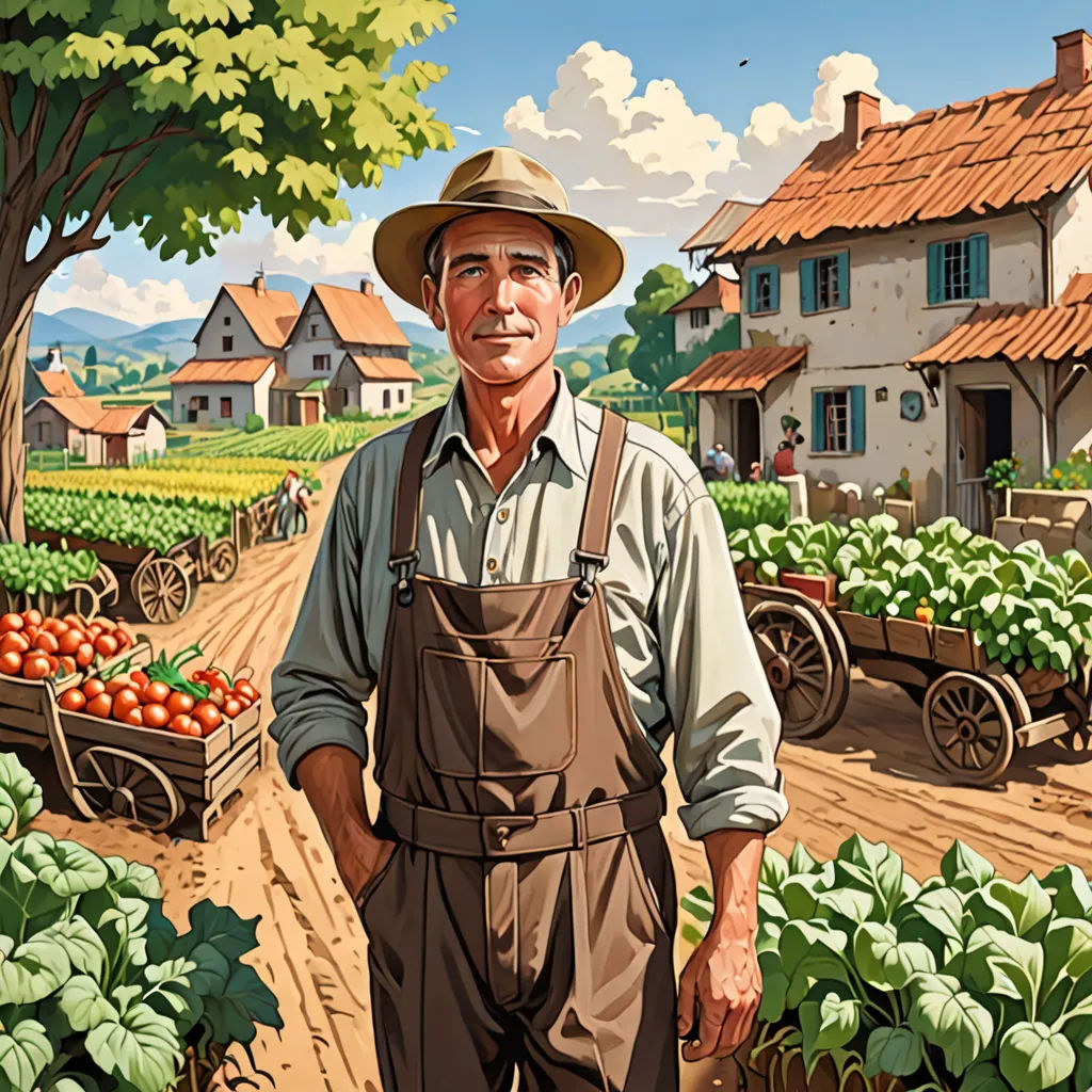 a man standing in front of a garden filled with vegetables and fruit in a rural area with a house in the background, Bourgeois, socialist realism, computer graphics, behance hd