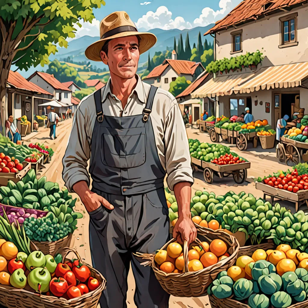 a man standing in front of a bunch of fruit and vegetables in baskets in front of a building with a tree, Aaron Jasinski, socialist realism, a storybook illustration, highly detailed digital painting