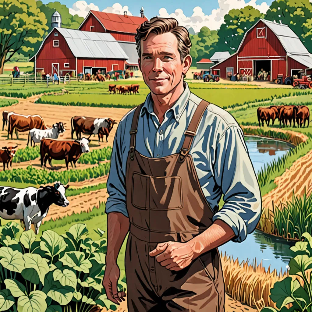 a man standing in a field with cows in the background and a barn in the background with a red roof, Allan Brooks, american realism, a character portrait, tom of finland