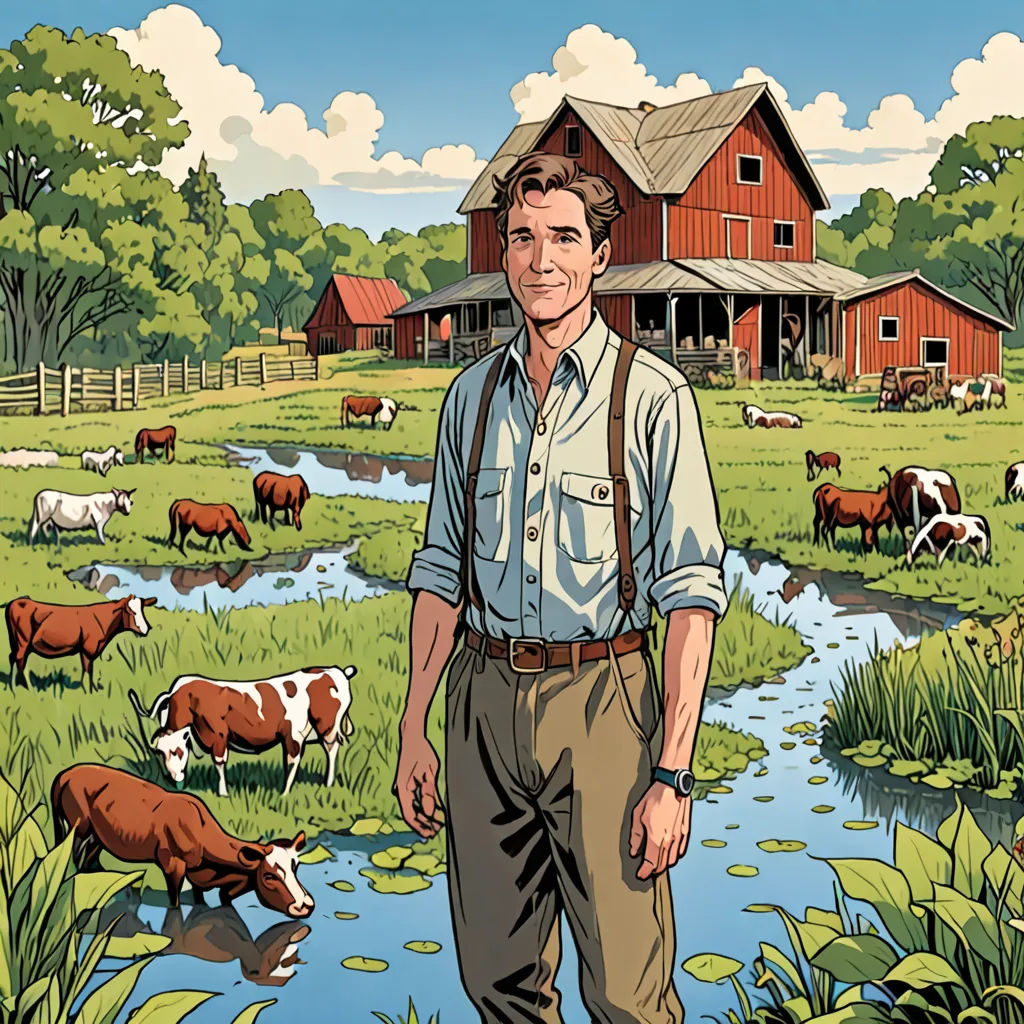 a man standing in front of a farm with cows and a barn in the background, with a stream running through the grass, Alson S. Clark, american impressionism, a character portrait, promotional image