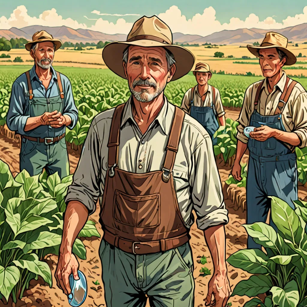 a painting of a farmer with his friends in a field of crops and plants, with a blue frisbee in his hand, F Scott Hess, american realism, a character portrait, western comic book art