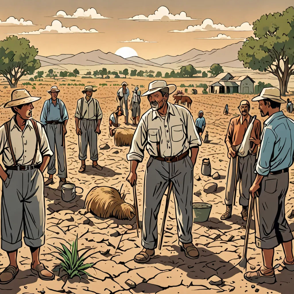 a group of men standing around a field with a bunch of animals in it and a man holding a bucket, Asaf Hanuka, massurrealism, a comic book panel, graphic novel