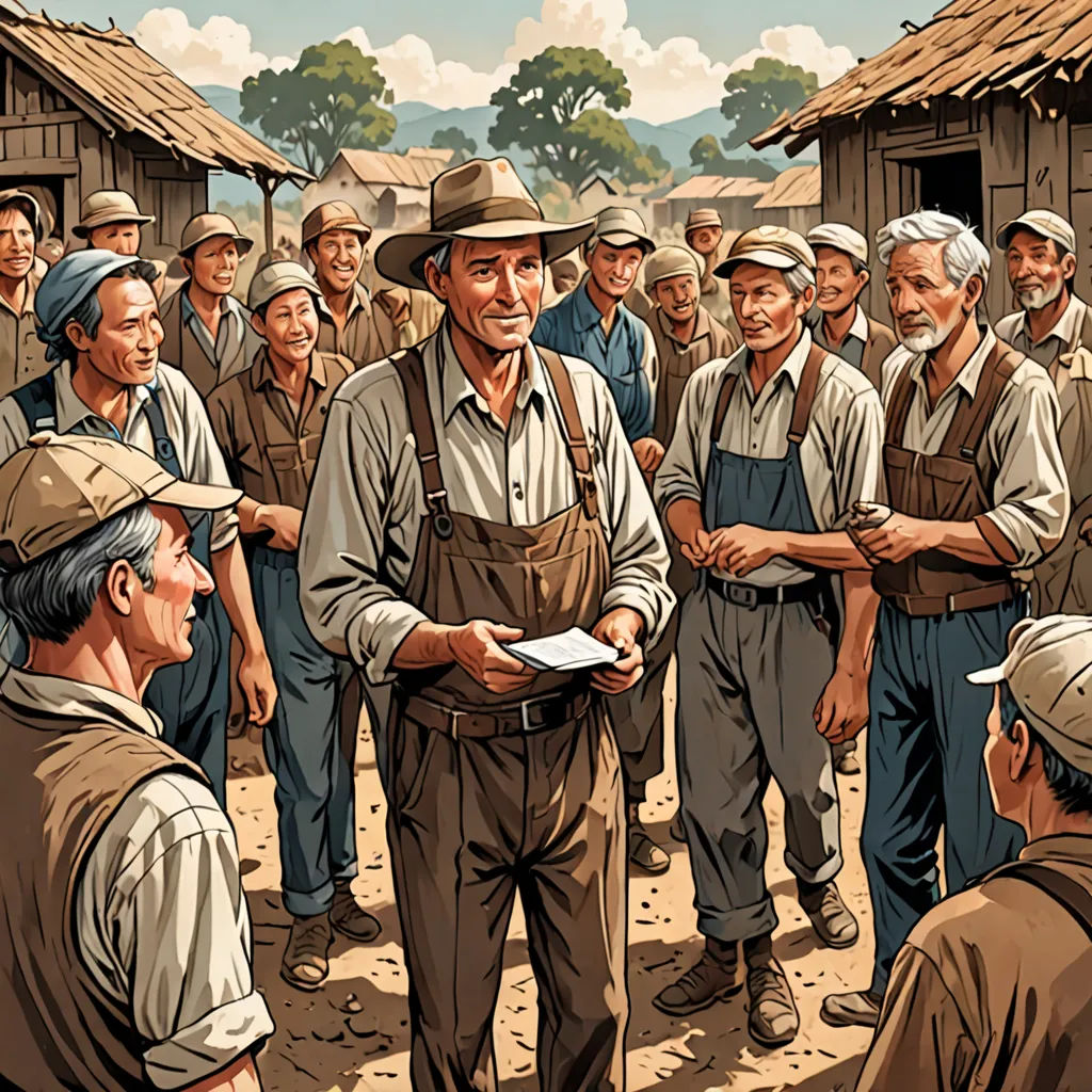 a man standing in front of a group of men in a village with a paper in his hand and a paper in his other hand, Andrew Loomis, socialist realism, a storybook illustration, graphic novel