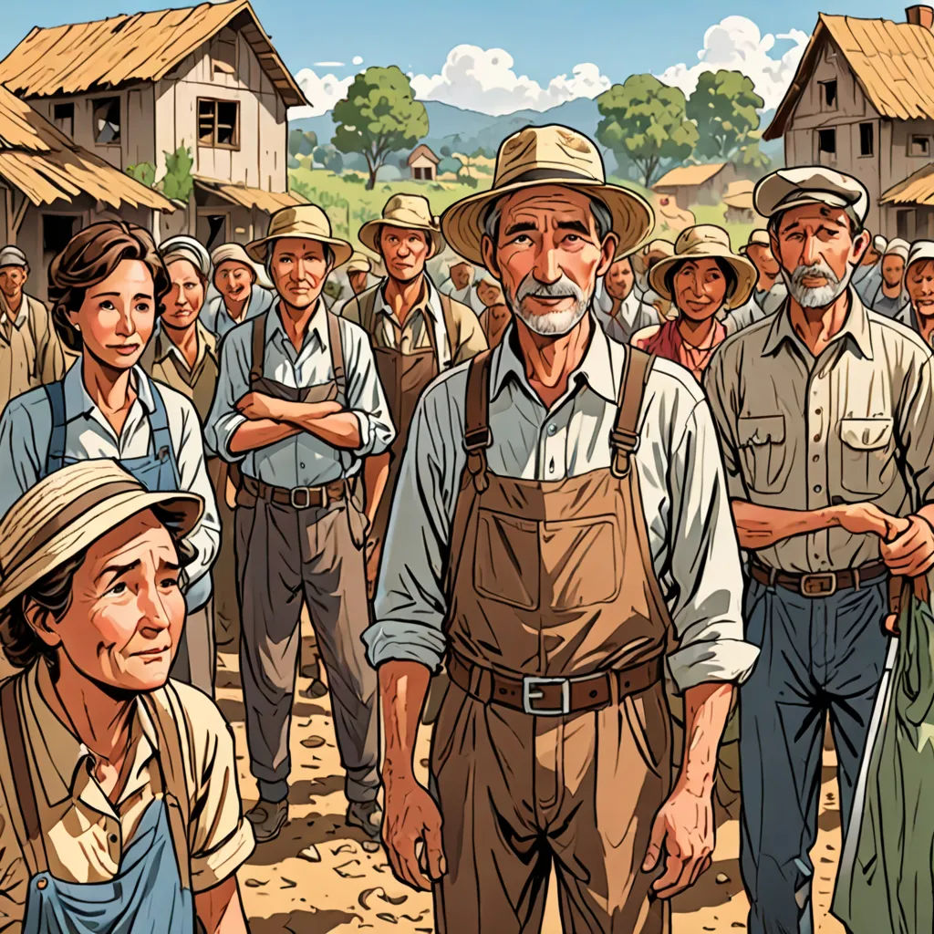 a group of people standing around each other in a village with a man in a hat and a woman in a dress, F Scott Hess, american realism, a comic book panel, graphic novel