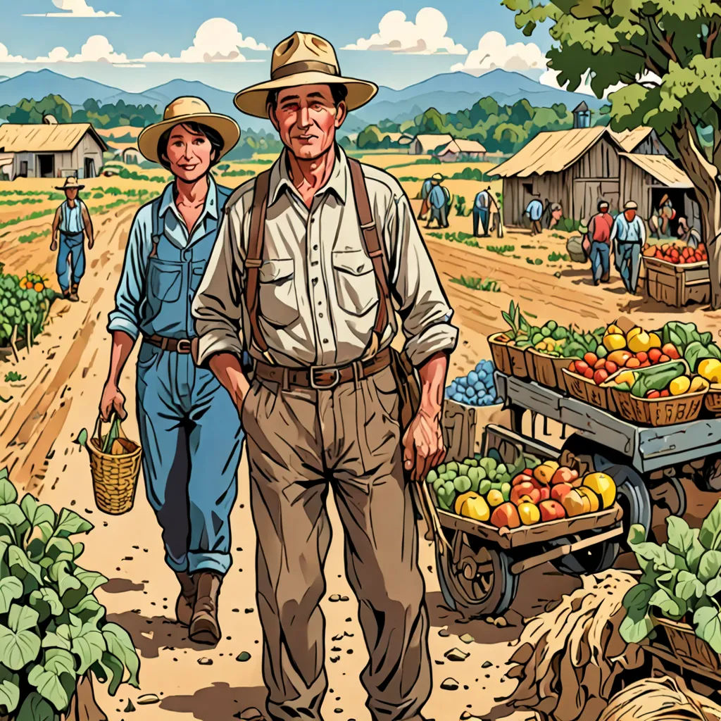 a man and woman walking down a dirt road next to a field filled with vegetables and fruit on a sunny day, Bob Thompson, american realism, a storybook illustration, high detail illustration