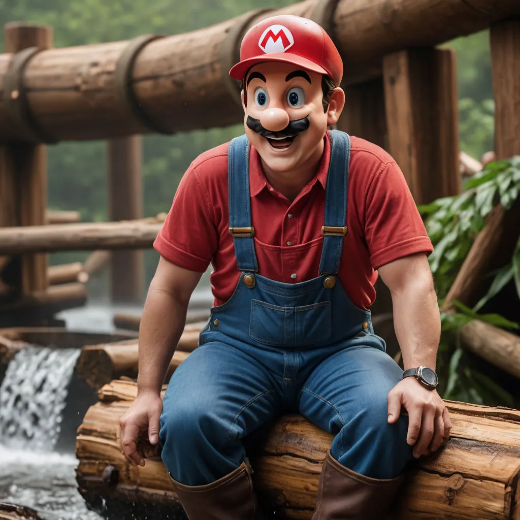 a man in a red shirt and blue overalls sitting on a log with a fake mario mouse on it, classical realism, a stock photo, Chris LaBrooy, unreal engine highly rendered