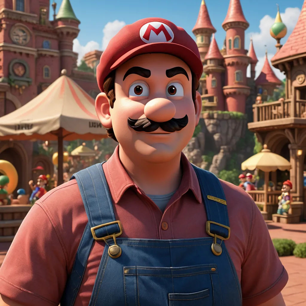 a man with a mustache and a mustache in a cartoon world with a castle in the background and a person in overalls, photorealism, a 3D render, Chris LaBrooy, unreal engine 5 quality render