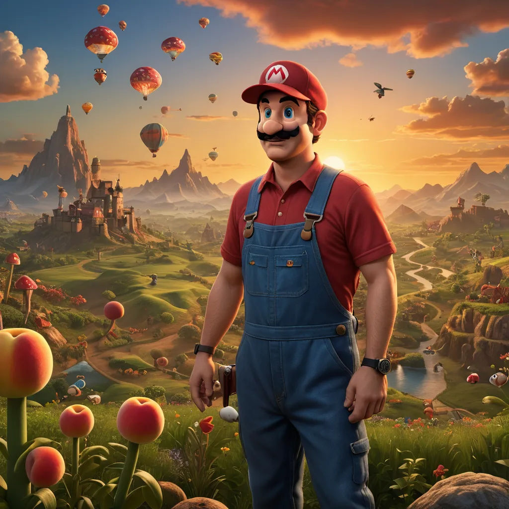 a man with a mustache and overalls standing in front of a landscape with balloons and flowers in the sky, sots art, a matte painting, Chris LaBrooy, ultra realistic digital art