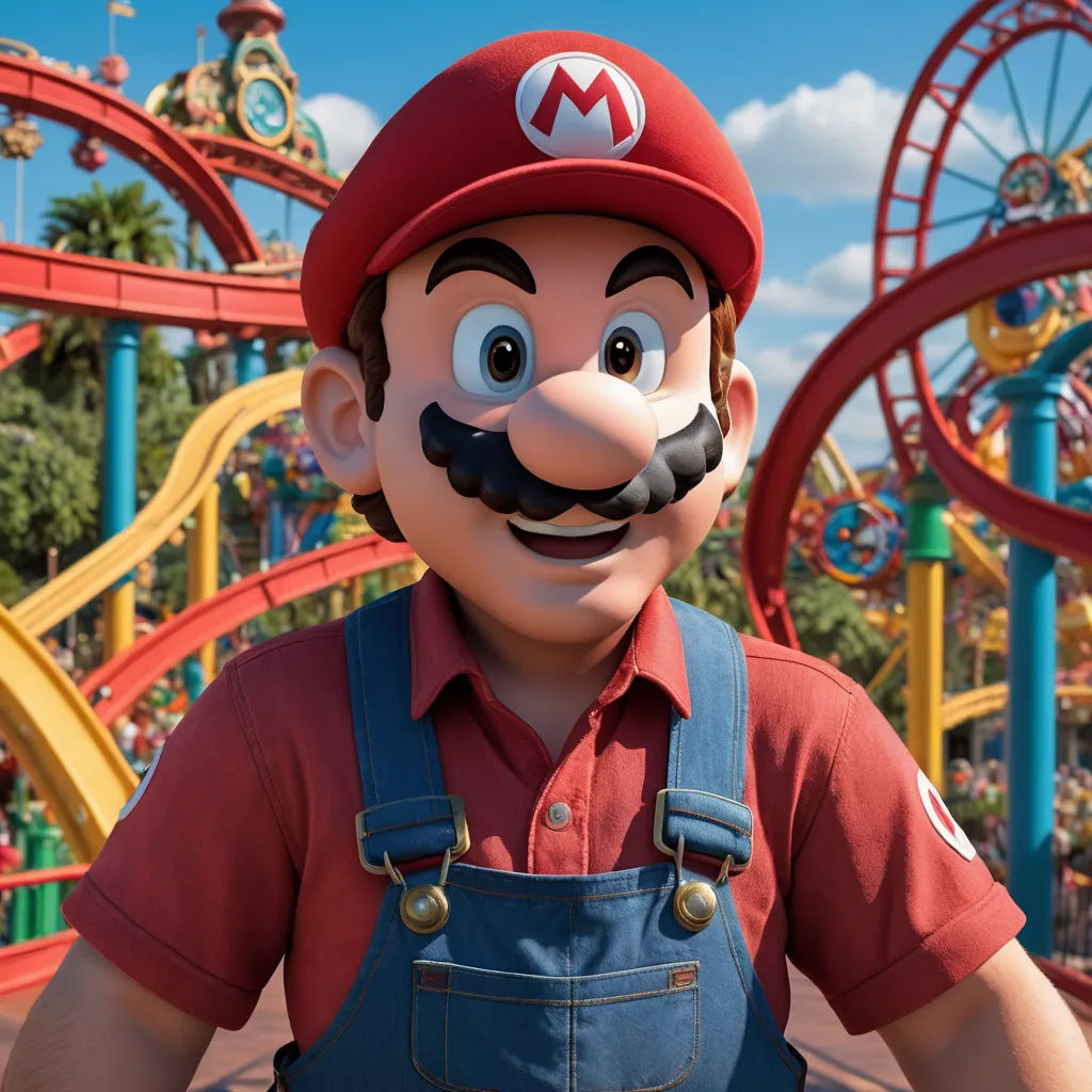 a man in overalls and a mario mouse mask in a park with a roller coaster in the background, photorealism, a 3D render, Chris LaBrooy, promotional image