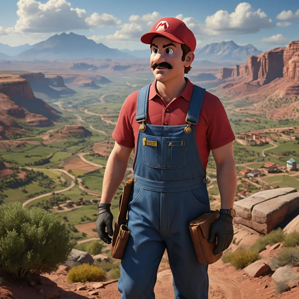 a man with a mustache and overalls standing on a mountain top with a valley in the background and a valley in the foreground, photorealism, concept art, Chris LaBrooy, unreal engine 5 quality render