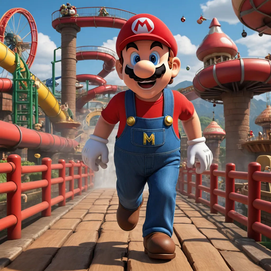 a cartoon character running across a bridge in a mario run game, with a red and yellow theme park in the background, sots art, concept art, Chris LaBrooy, unreal engine highly rendered