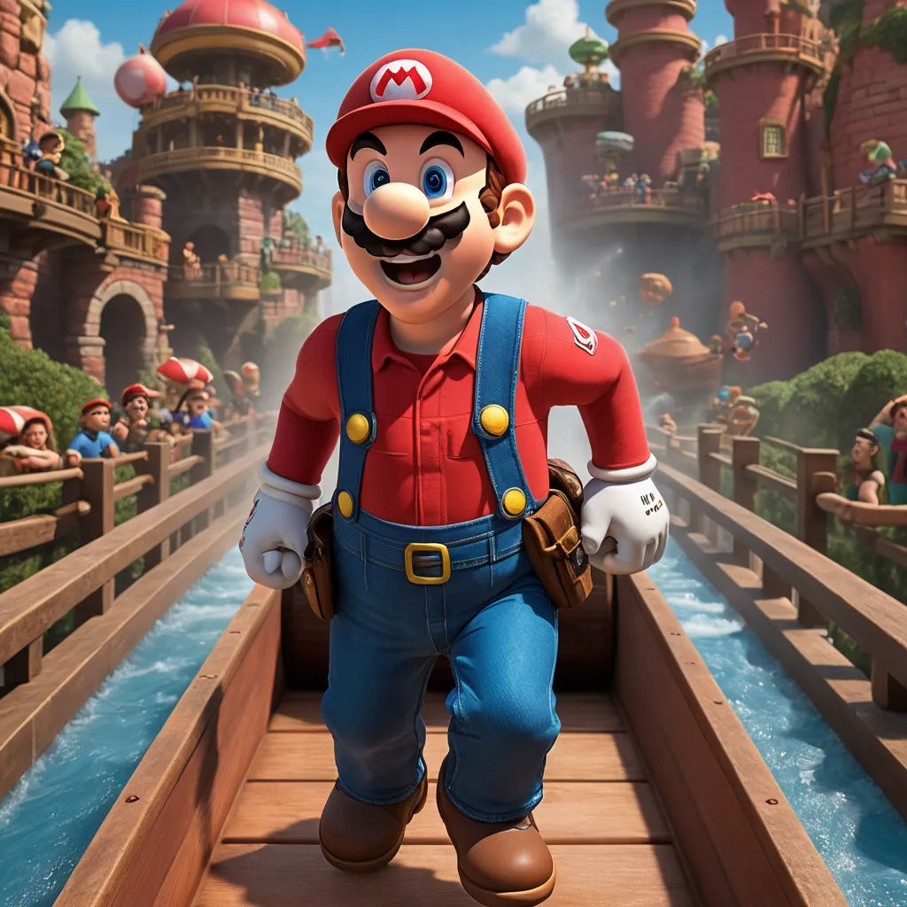 a cartoon character is walking across a bridge in a scene from mario kartman's island, which is a theme park, sots art, concept art, Chris LaBrooy, official art