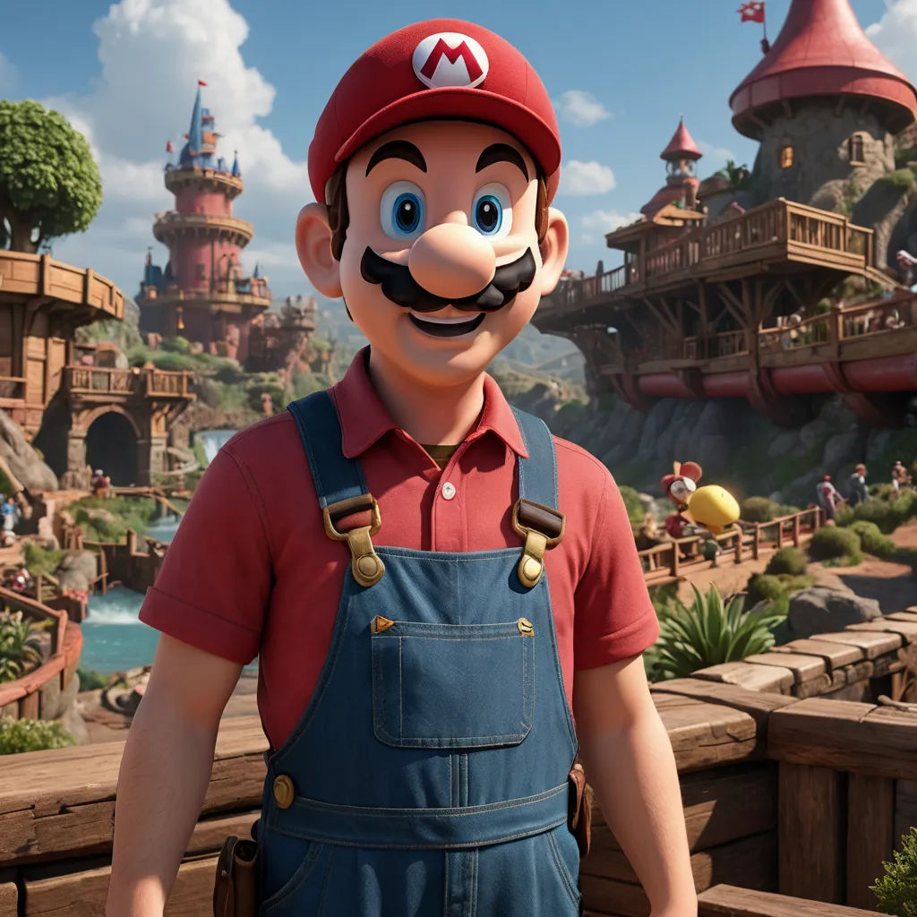 a man in overalls and a red shirt stands in front of a landscape with a castle and a person in a red shirt, photorealism, a 3D render, Chris LaBrooy, unreal engine 5 highly rendered