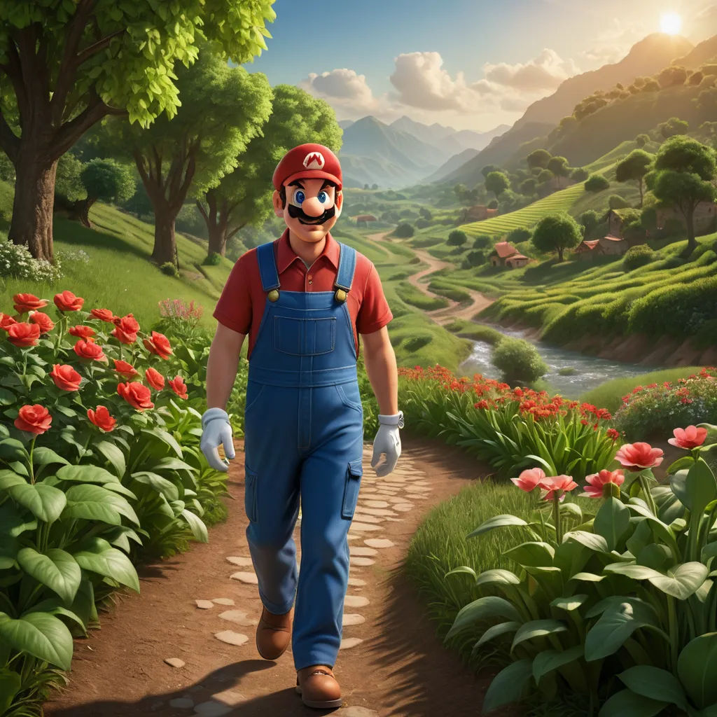 a man in overalls and a red shirt is walking down a path with flowers and a river in the background, sots art, a matte painting, Chris LaBrooy, unreal engine 5 rendered