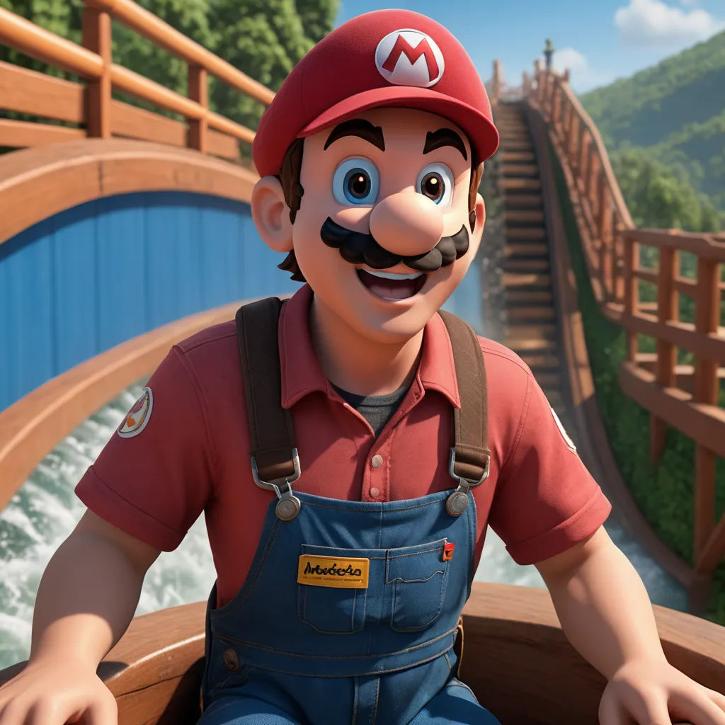 a man in overalls and a hat on a bridge with a waterfall in the background and a bridge in the background, sots art, a 3D render, Chris LaBrooy, unreal engine 5 quality render
