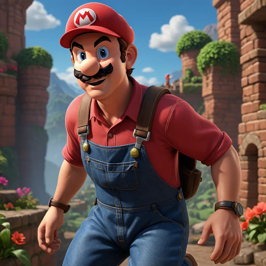 a man in overalls and a red shirt is standing in front of a brick wall and a flower garden, sots art, a 3D render, Chris LaBrooy, unreal engine 5 quality render