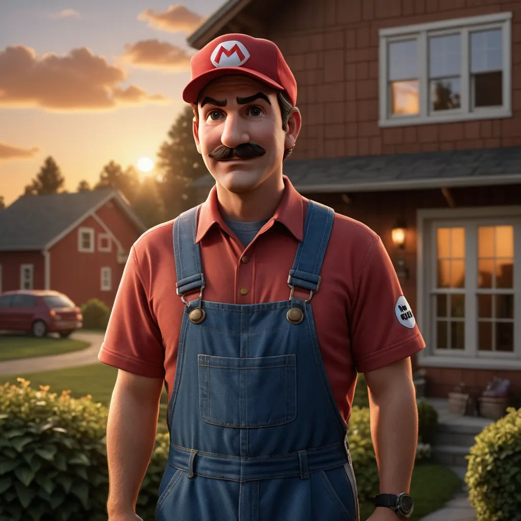 a man with a mustache and overalls standing in front of a house at sunset with a fake moustache on his face, photorealism, a digital rendering, Chris LaBrooy, unreal engine 5 quality render