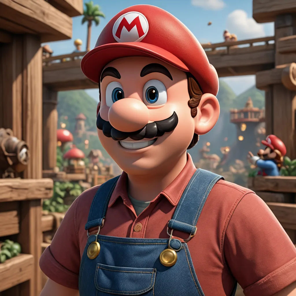 a man in a red shirt and blue overalls with a mustache and mustache mustache in a cartoon style, sots art, a 3D render, Chris LaBrooy, unreal engine 5 quality render
