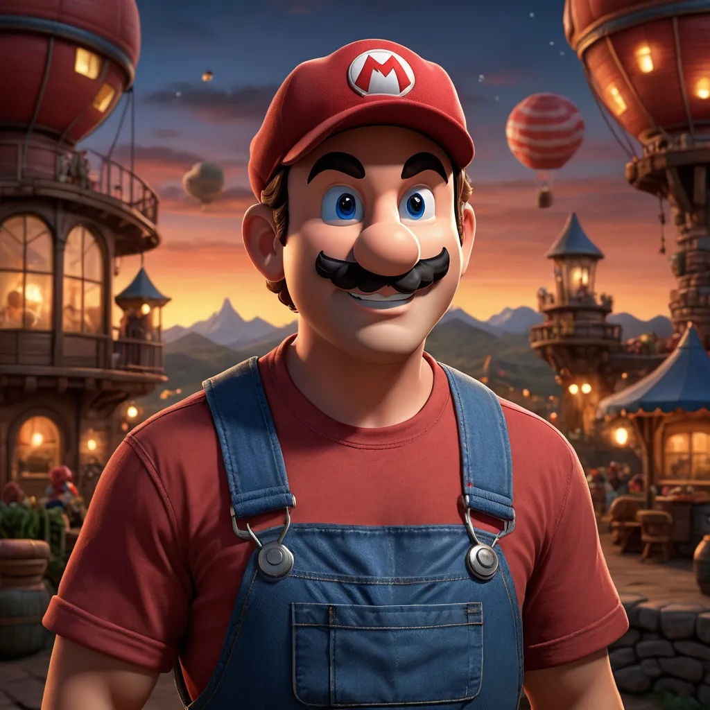 a man with a mustache and a mustache mustache in front of a building with hot air balloons in the sky, sots art, concept art, Chris LaBrooy, unreal engine 5 quality render