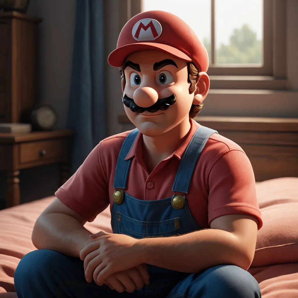 a man in a red shirt and overalls sitting on a bed with a mario mouse mask on his face, photorealism, a 3D render, Chris LaBrooy, unreal engine 5 quality render