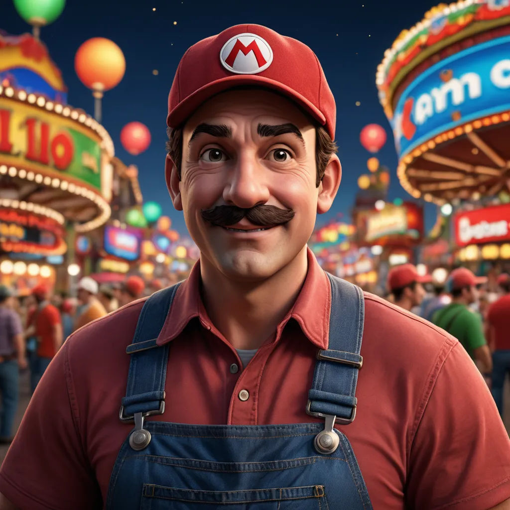 a man with a mustache and a mustache mustache in a cartoon scene with a carnival scene in the background, photorealism, a 3D render, Chris LaBrooy, ultra realistic digital art