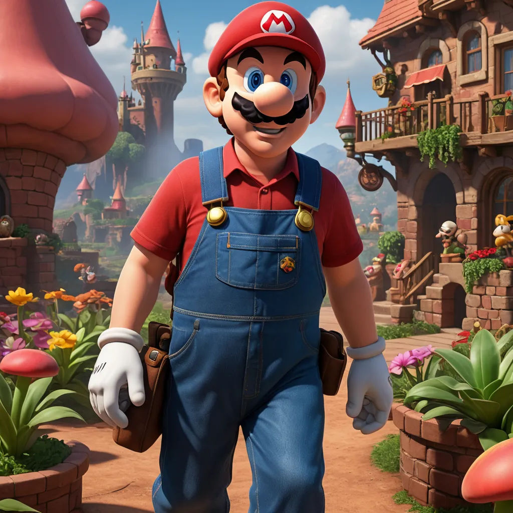 a mario bros character is walking through a garden with a mushroom house in the background and a mushroom house in the foreground, sots art, concept art, Chris LaBrooy, unreal engine 5 quality render