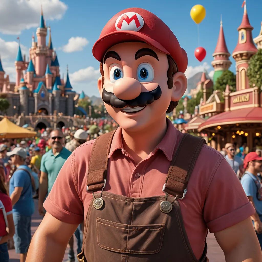 a man in a mario mouse costume at a park with a crowd of people in the background and a castle in the background, photorealism, a stock photo, Chris LaBrooy, unreal engine 5 quality render