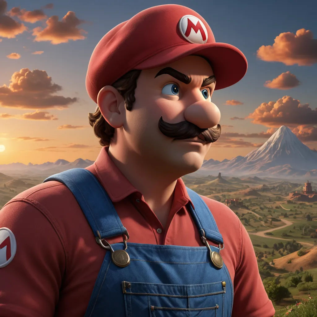 a man with a mustache and a mustache in a cartoon picture with a mountain in the background and clouds in the sky, photorealism, a 3D render, Chris LaBrooy, unreal engine 5 quality render