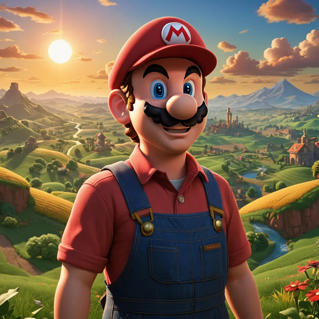 a man in overalls and a red hat standing in front of a landscape with a sun in the background, sots art, a 3D render, Chris LaBrooy, unreal engine 5 quality render