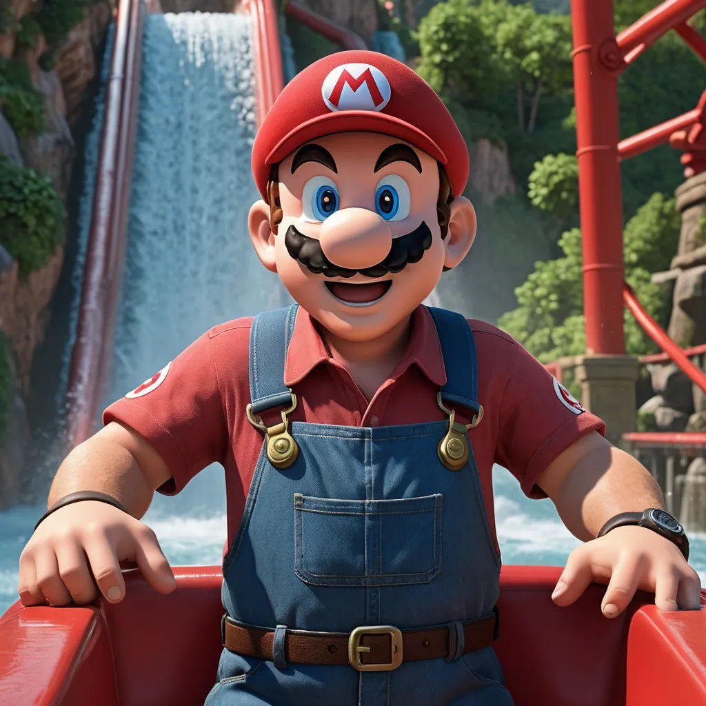 a man in overalls and a hat standing in front of a waterfall in mario kart racing world, photorealism, concept art, Chris LaBrooy, unreal engine 5 quality render
