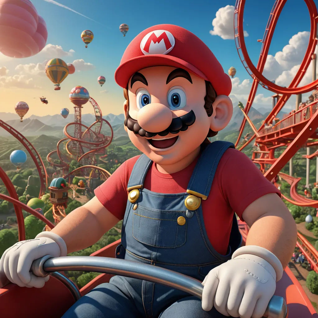 a mario kart driving a car in a cartoon world with balloons and a roller coaster in the background, sots art, a detailed matte painting, Chris LaBrooy, promotional image