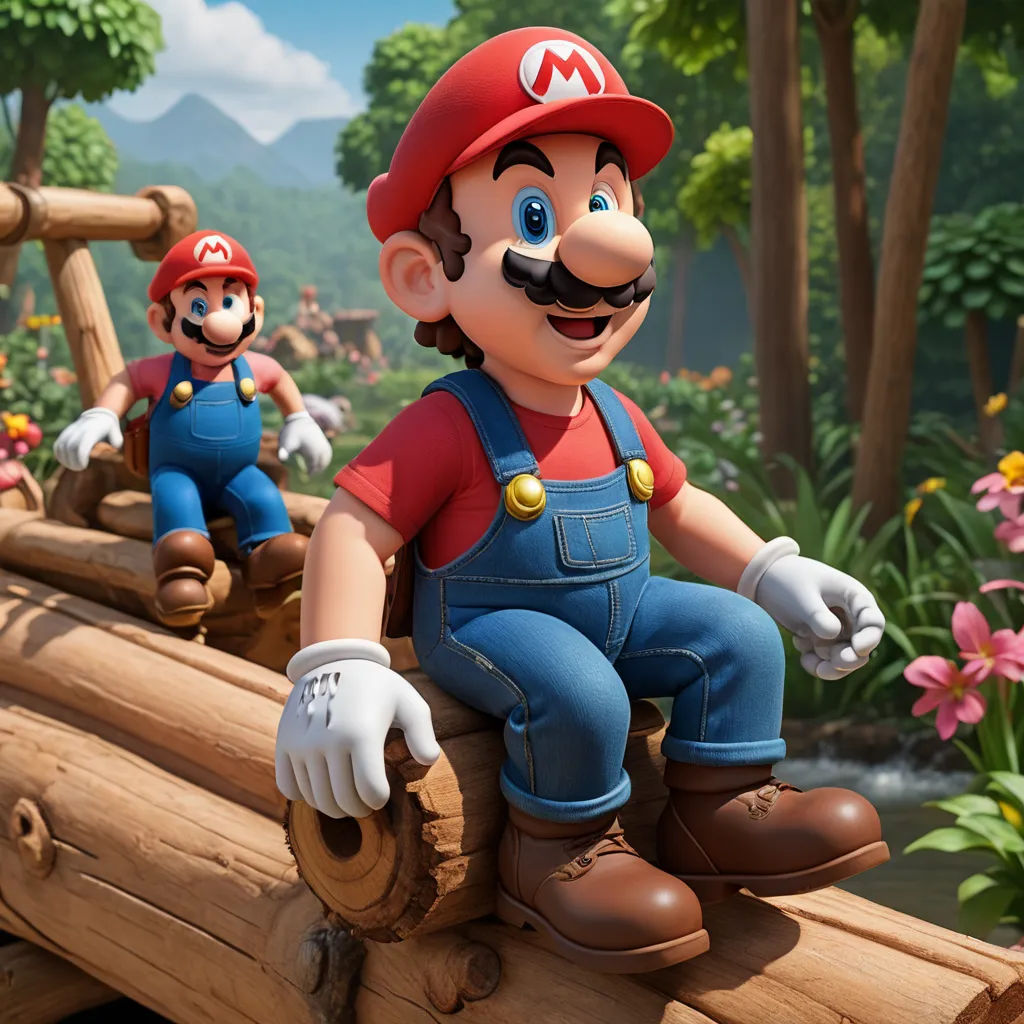 a mario and luigi on a log in a forest with flowers and trees in the background, and a man in overalls and a red hat, sots art, a 3D render, Chris LaBrooy, unreal engine 5 quality render