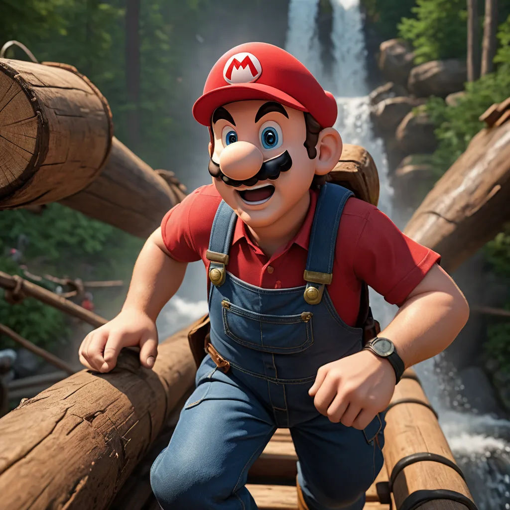 a man in overalls and a red shirt is standing on a log bridge with a waterfall in the background, sots art, a 3D render, Chris LaBrooy, unreal engine 5 quality render