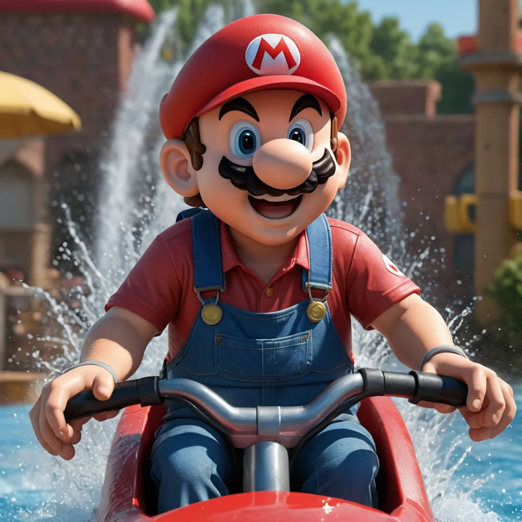 a mario kart is riding on a water raft in a park with a splash of water behind him, sots art, a 3D render, Chris LaBrooy, unreal engine 5 quality render