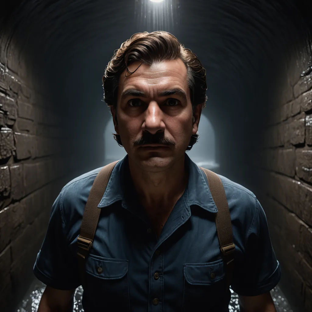 a man with a mustache and suspenders in a tunnel with a light above him and a flashlight above his head, serial art, a poster, Edward Otho Cresap Ord, II, promotional image