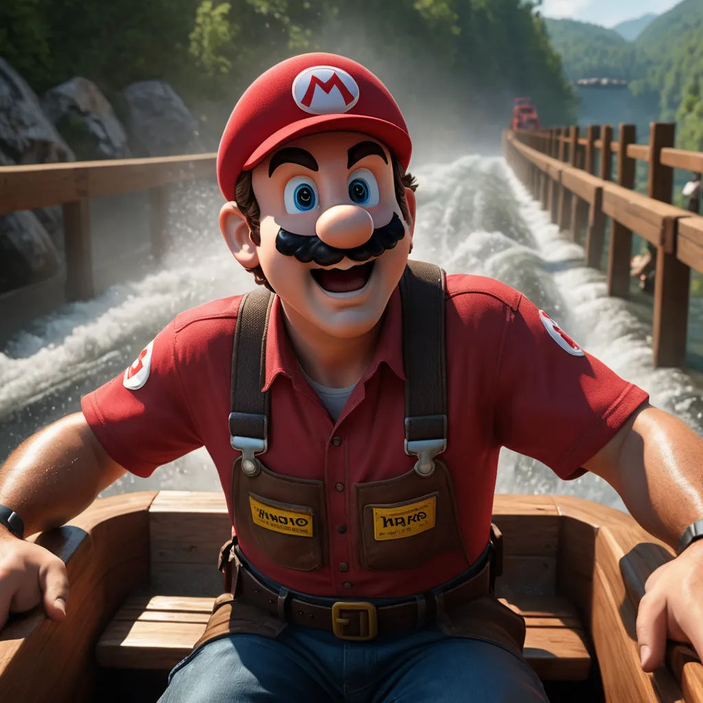 a man in a red shirt and hat on a boat in a river with a waterfall behind him and a bridge, photorealism, a 3D render, Chris LaBrooy, unreal engine 5 quality render