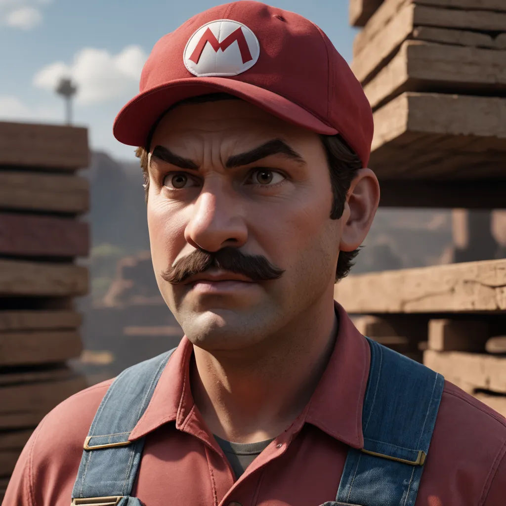 a man with a mustache and a hat on his head is standing in front of stacks of lumbers, photorealism, a character portrait, Eddie Mendoza, unreal engine 5 quality render