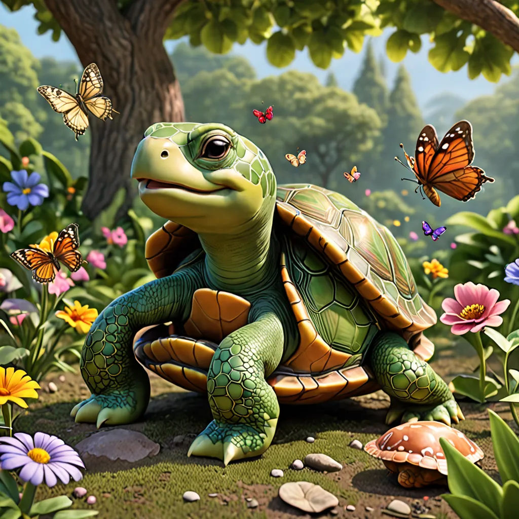 a painting of a turtle in a field of flowers and butterflies with a tree in the background and a butterfly flying overhead, photorealism, an ambient occlusion render, Chris LaBrooy, highly detailed digital painting