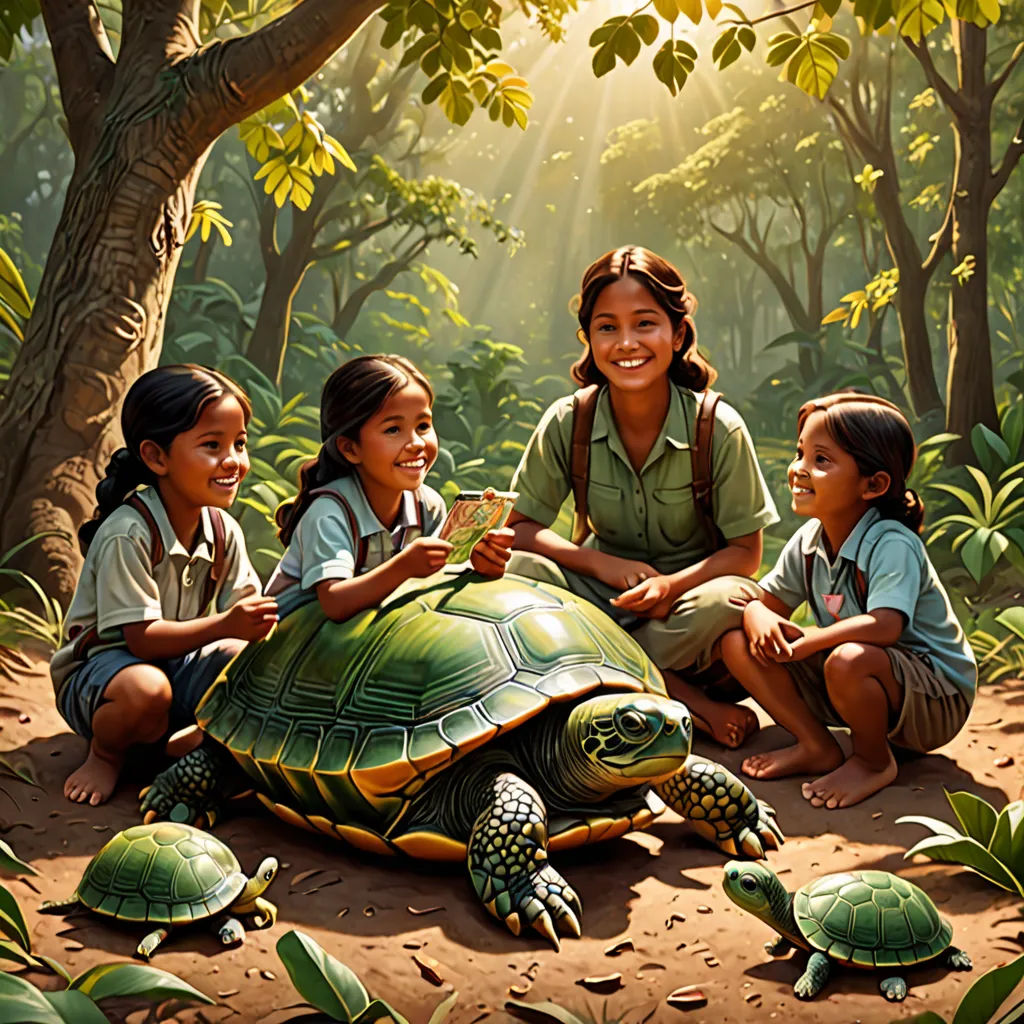 a painting of a group of children sitting on a turtle in the woods with a woman smiling at the camera, magical realism, a storybook illustration, Brad Kunkle, official art