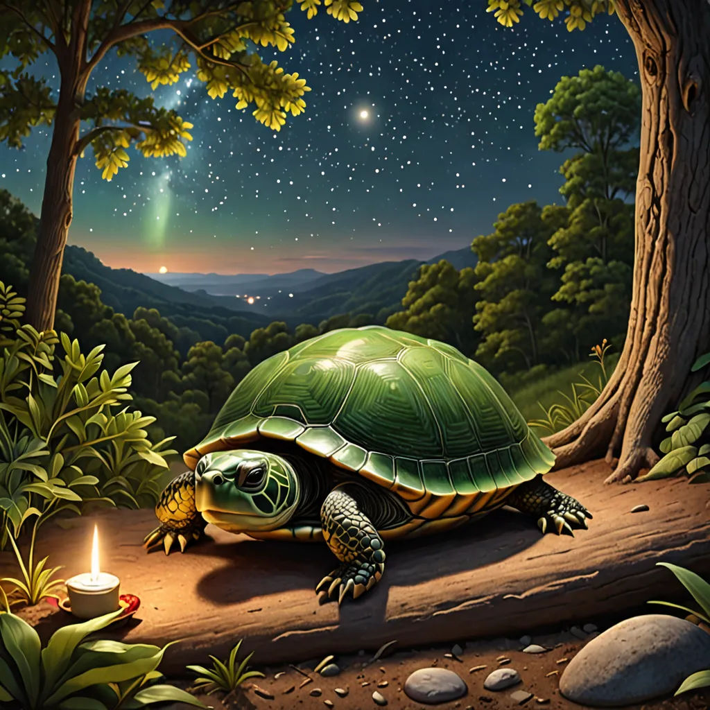 a painting of a turtle sitting on a log in the woods with a candle in front of it and a green light shining on the ground, magic realism, a storybook illustration, Chris LaBrooy, highly detailed digital painting