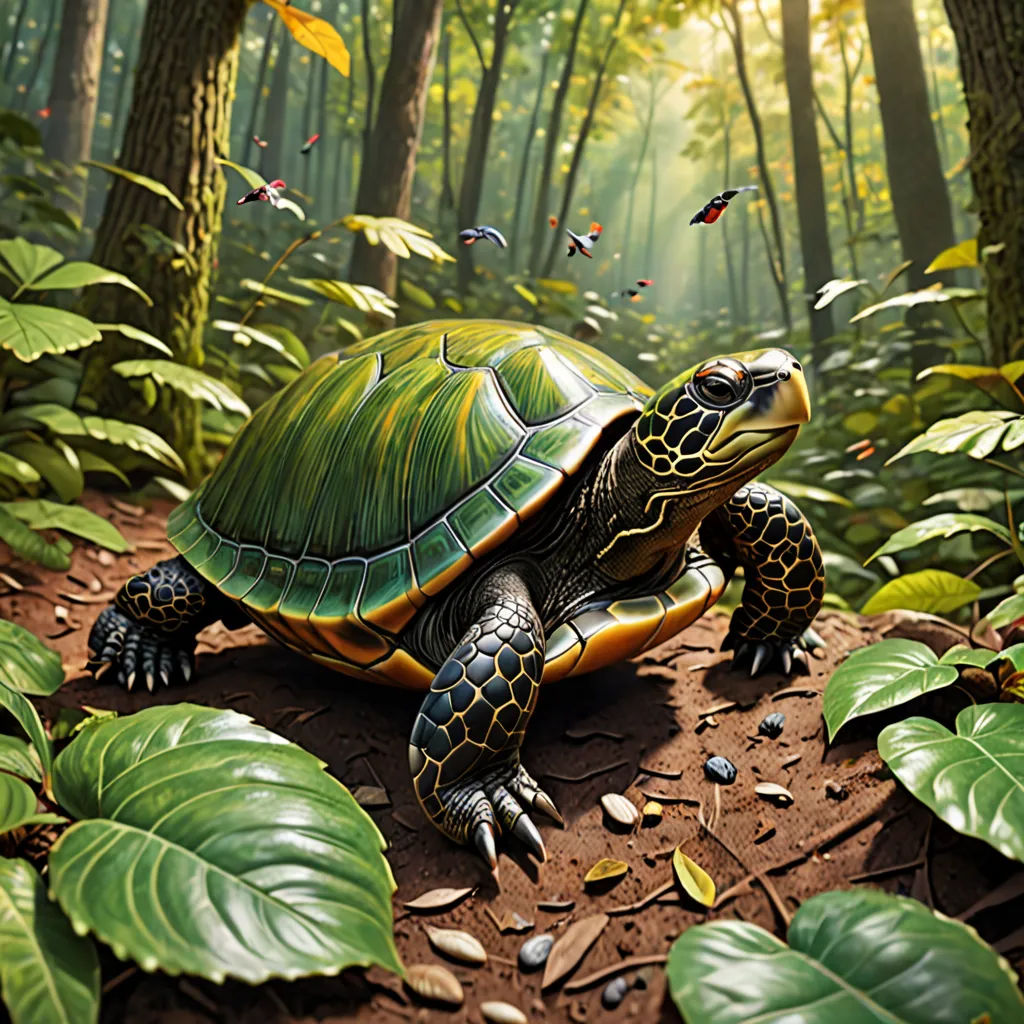 a painting of a turtle in a forest with lots of leaves and butterflies flying around it's head, photorealism, a digital painting, Chris LaBrooy, highly detailed digital painting