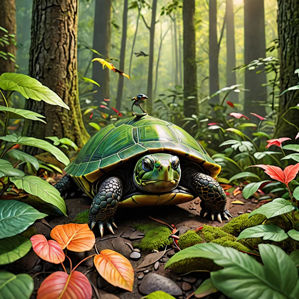 a turtle in the middle of a forest with birds on its back and a bird on its head on top of it, photorealism, a 3D render, Chris LaBrooy, highly detailed digital painting