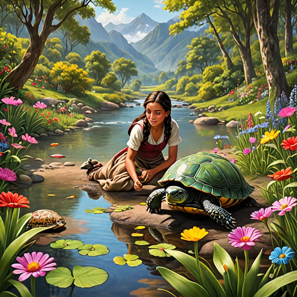 a painting of a girl sitting on a rock next to a turtle in a pond of water with lily pads, magical realism, a storybook illustration, Brothers Hildebrandt, storybook illustration