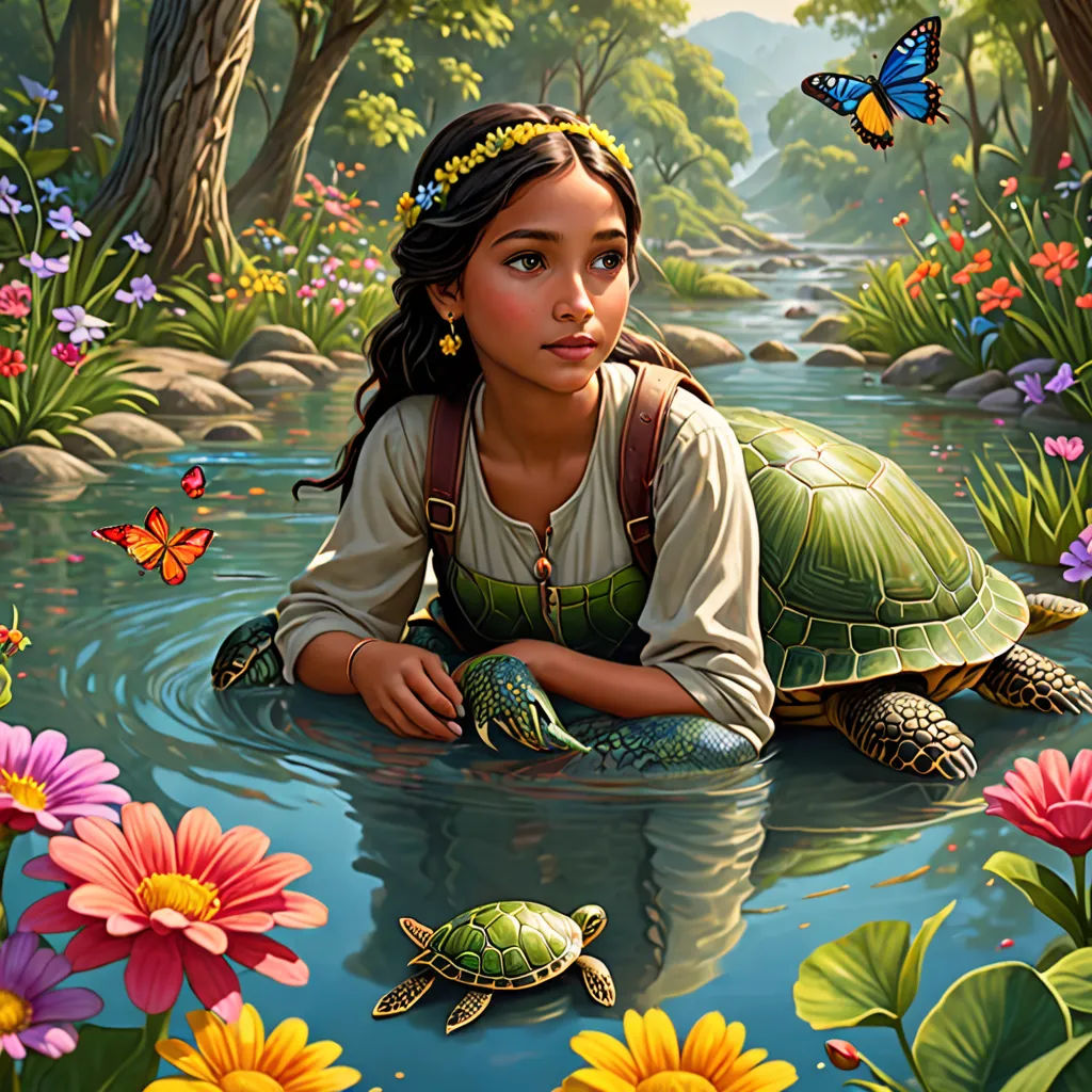 a painting of a girl sitting in a river with a turtle in her lap and a butterfly flying above her, fantasy art, a storybook illustration, Anne Stokes, kinkade