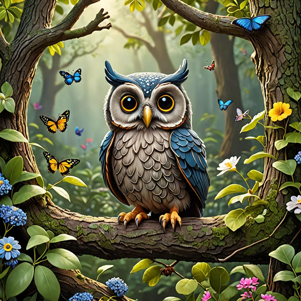 a painting of an owl sitting on a branch in a forest with butterflies and flowers around it, with a butterfly in the background, fantasy art, a storybook illustration, Chris LaBrooy, highly detailed digital painting