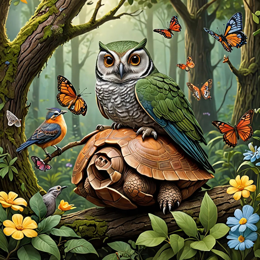 a painting of an owl sitting on top of a turtle in a forest with butterflies around it and a bird on the back, fantasy art, a storybook illustration, Chris LaBrooy, highly detailed digital painting
