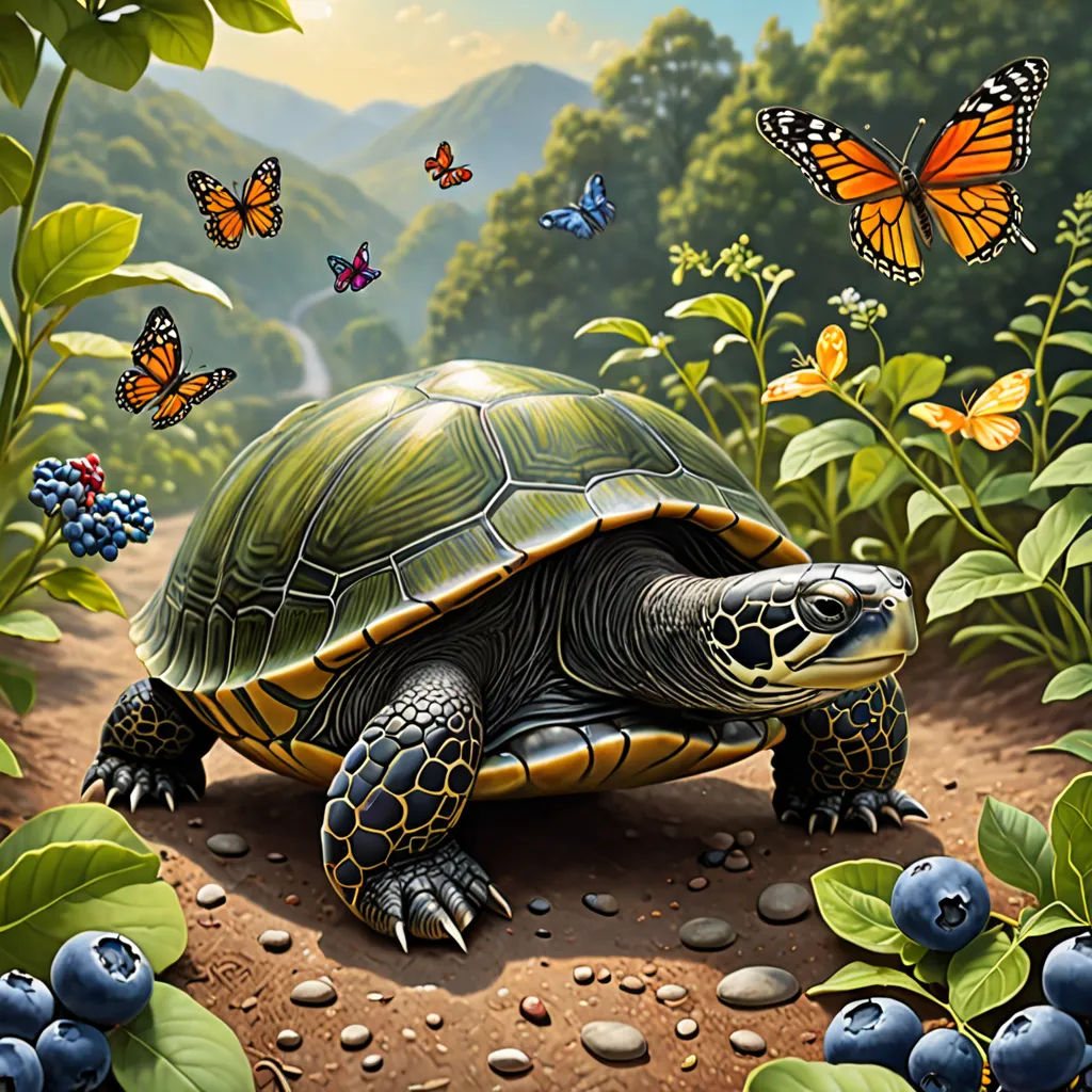 a painting of a turtle and butterflies in a forest setting with blueberries and blueberries on the ground, magic realism, a detailed painting, Chris LaBrooy, highly detailed digital painting