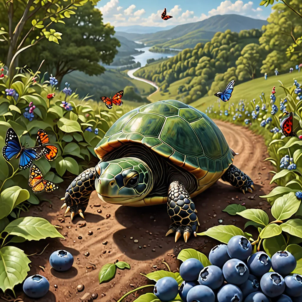 a painting of a turtle and butterflies on a dirt road in a field of blueberries and blueberries, magic realism, a storybook illustration, Chris LaBrooy, highly detailed digital painting